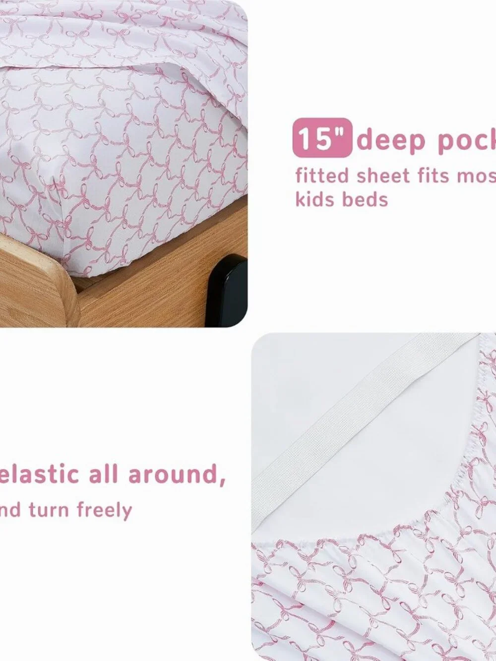 Kids Twin Size Bed Sheets, 3-Piece, Deep Pocket, Pink Bowknot